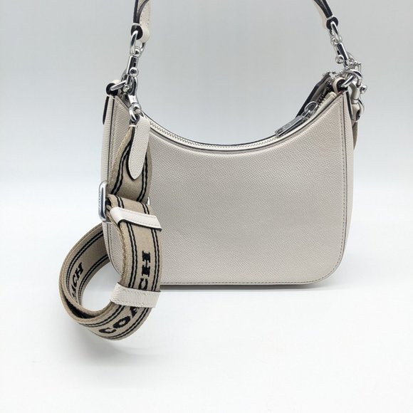 COACH Hobo pebbled leather logo strap shoulder crossbody bag - Chalk/Ivory - Picture 5 of 13